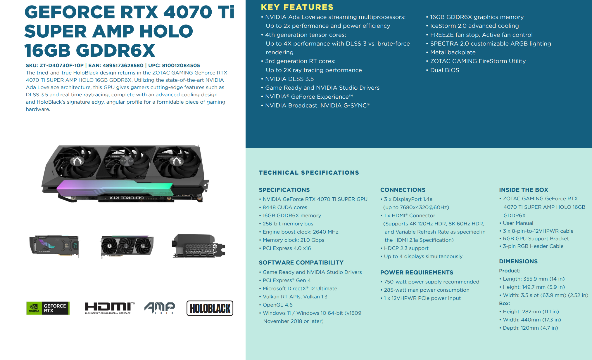 A large marketing image providing additional information about the product ZOTAC GAMING GeForce RTX 4070 Ti SUPER AMP HOLO 16GB GDDR6X - Additional alt info not provided